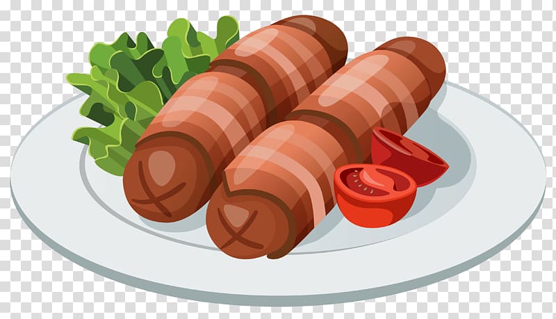 sausage beside greens and sliced tomatoes on top of plate illustration, Sausage Hamburger Pizza, Grilled Sausages transparent background PNG clipart