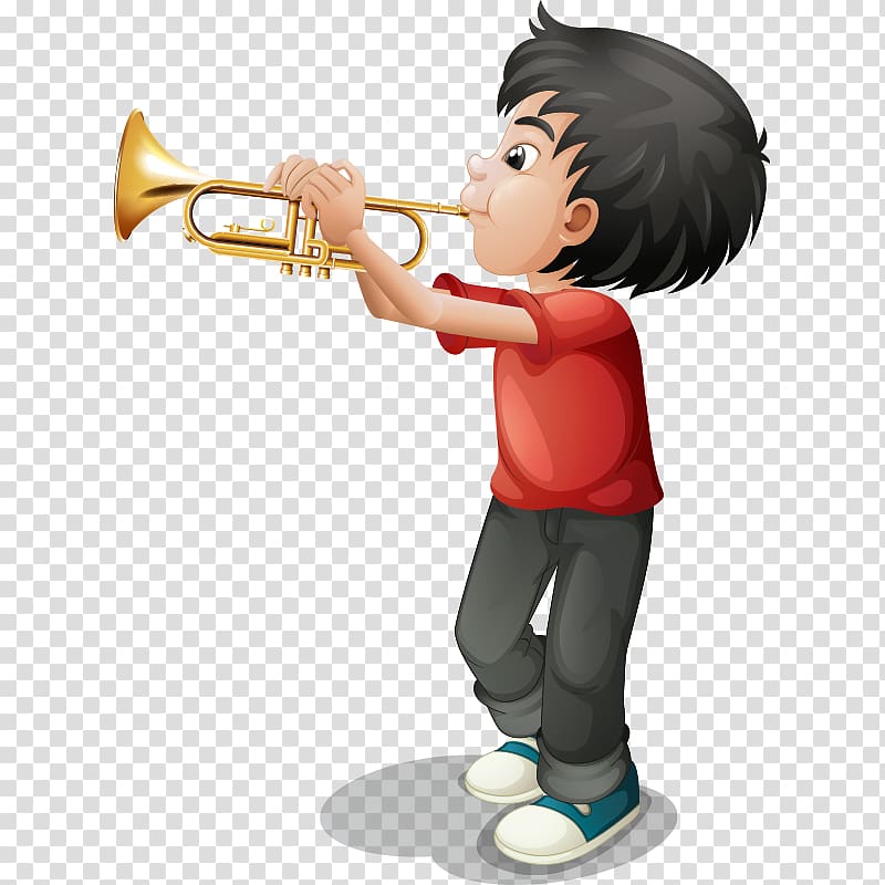 boy blowing trumpet art, Musical instrument Musician , Cute cartoon children play trumpet transparent background PNG clipart