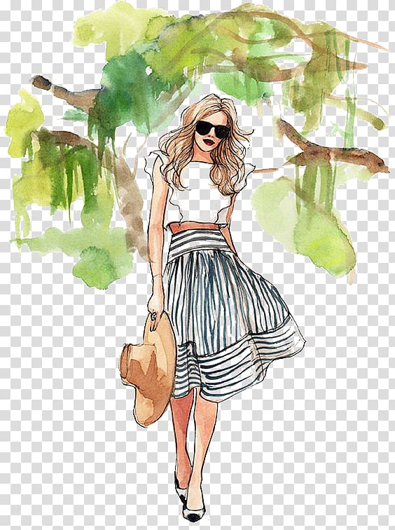 girl holding hat painting, Drawing Fashion illustration Watercolor painting Sketch, Girls transparent background PNG clipart