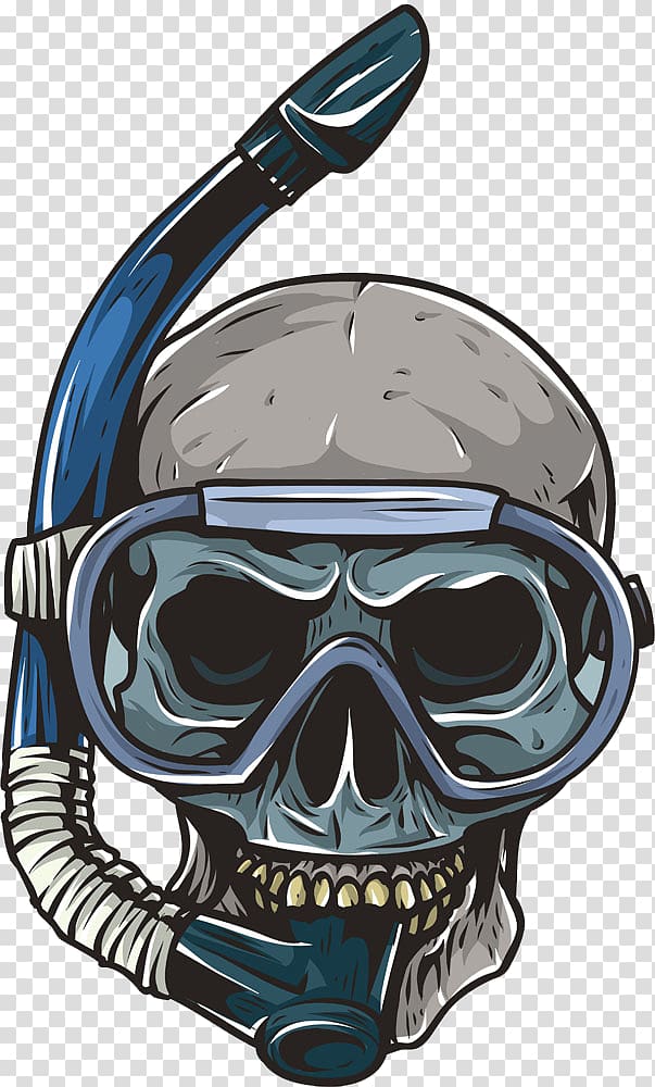 gray and blue skull wearing snorkel , Skull Underwater diving Skeleton, Diving head skeleton skull transparent background PNG clipart