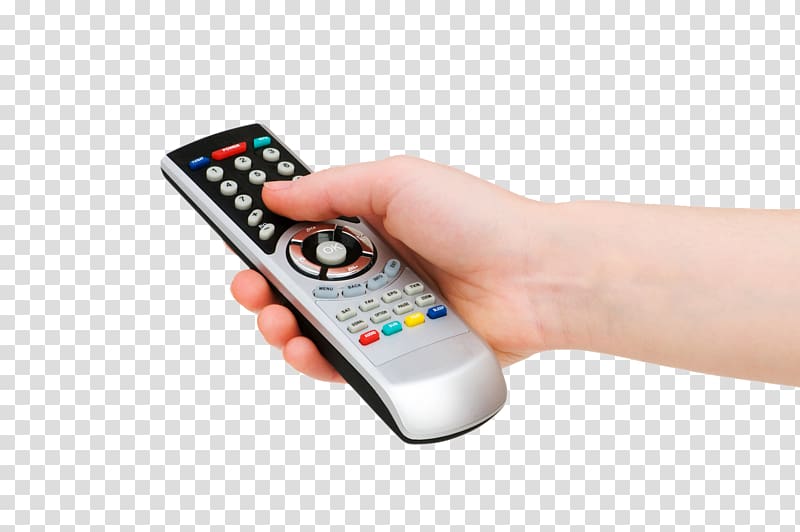 person holding gray and black remote, Remote Controls Television set Digital television DIRECTV, watching tv transparent background PNG clipart