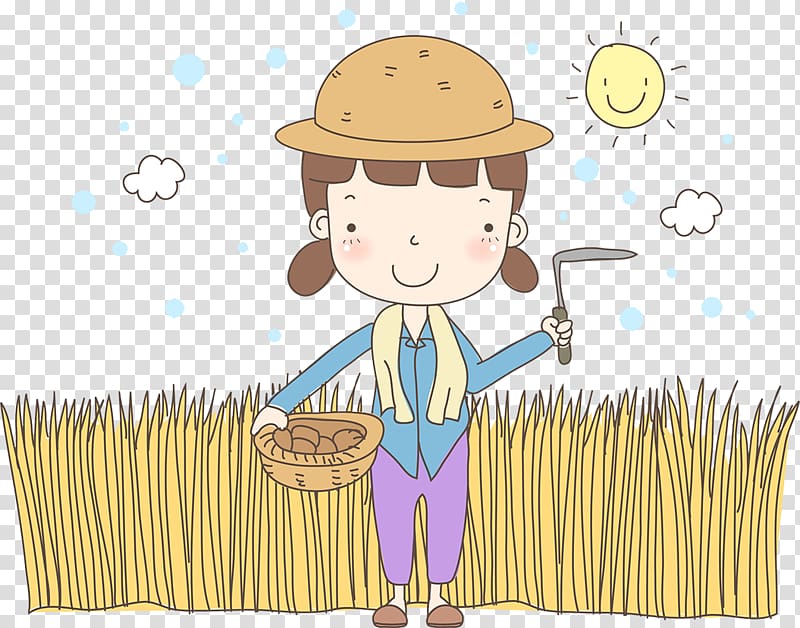 Cartoon Drawing Illustration, Cartoon figure illustration of rural women who cut wheat transparent background PNG clipart
