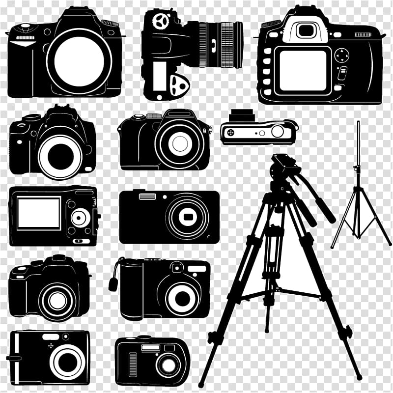 black cameras and tripod illustration, Digital camera Silhouette, Black and white digital camera silhouette material, transparent background PNG clipart