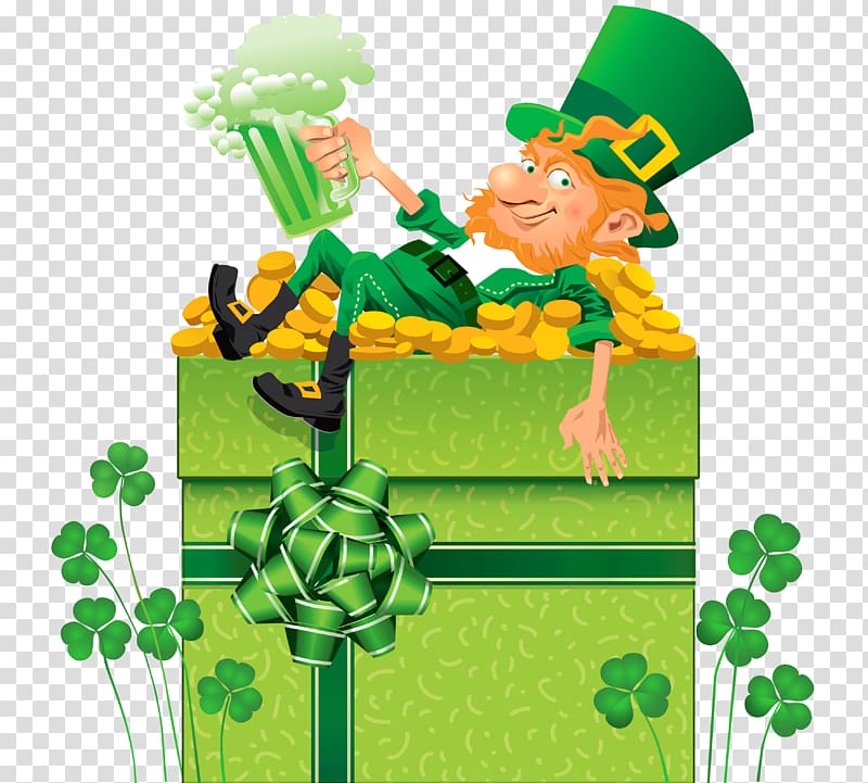 leprechaun lying on box of gold coins illustration, Saint Patrick\'s Day Ireland St. Patrick\'s Day Shamrocks , St Patricks Day Decor with Shamrocks and Leprechaun transparent background PNG clipart
