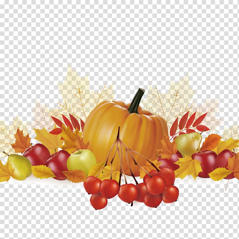 Thanksgiving Day Fruit Illustration, Autumn pumpkin and apple transparent background PNG clipart
