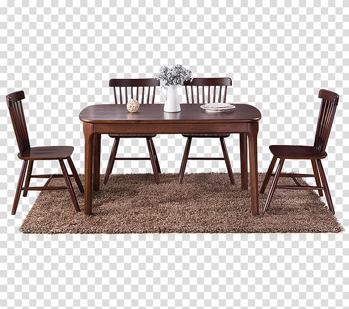 brown wooden table and four Windsor chairs dining set with flowers and plates on table, Table Furniture Chair Wood, Dark wood dinette transparent background PNG clipart