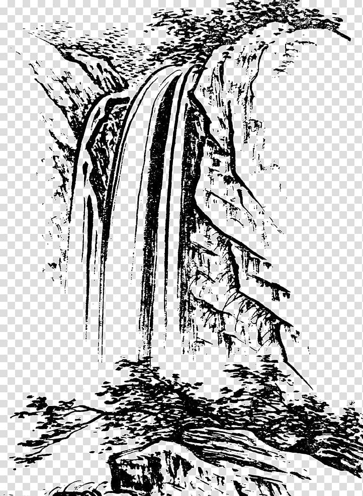 waterfalls , u4e2du56fdu767du63cf Shan shui Landscape painting Chinese painting, White sketch simple pen and water painting material transparent background PNG clipart