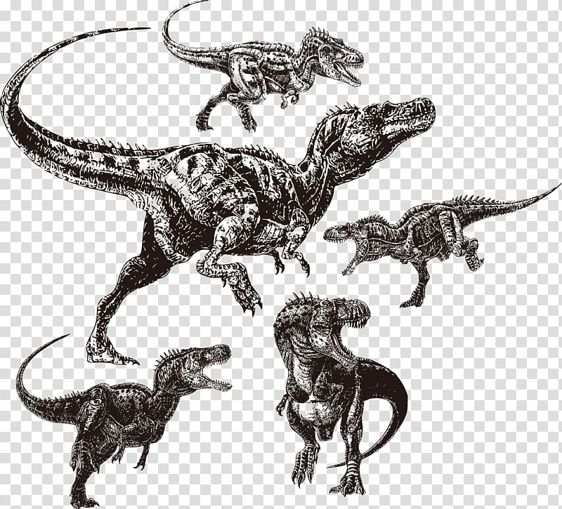 Velociraptor Tyrannosaurus Alectrosaurus Afrovenator Utahraptor, Dinosaurs pattern painted black transparent background PNG clipart