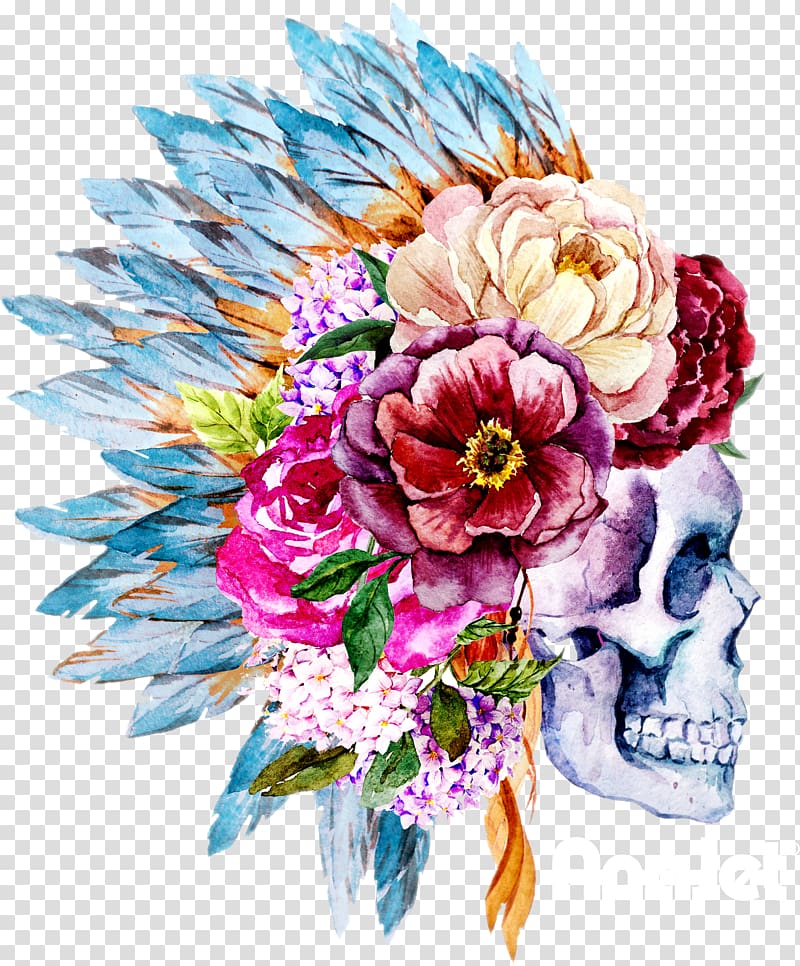 calavera , Watercolor painting Skull Boho-chic Flower, skull transparent background PNG clipart