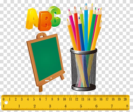 pencil and chalk easel illustration, Colored pencil Crayon , Hand-painted cartoon blackboard ruler school season watercolor pen pen letters ABC transparent background PNG clipart