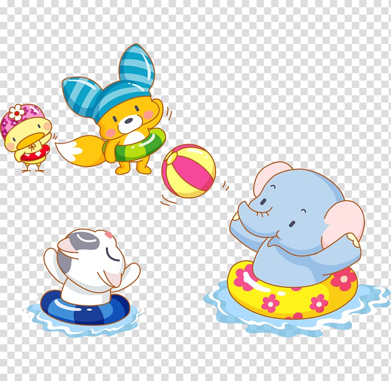 four elephant, fox, cat, and duck , Elephant Cartoon Cuteness, Hand-painted cartoon cute baby elephant playing with a ball swimming transparent background PNG clipart