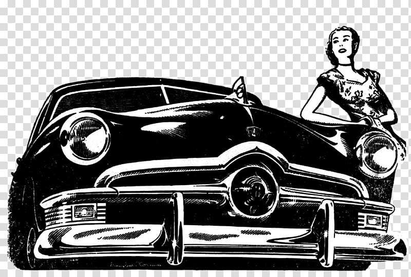 woman standing beside car , Vintage Ford Illustration transparent background PNG clipart
