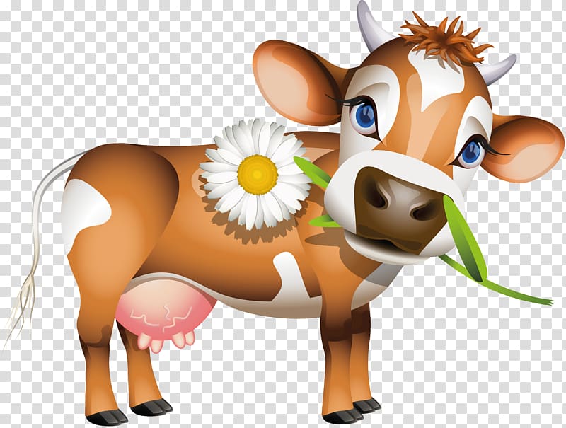 brown and white cattle biting white daisy illustration, Jersey cattle Holstein Friesian cattle Calf Dairy cattle , cow transparent background PNG clipart