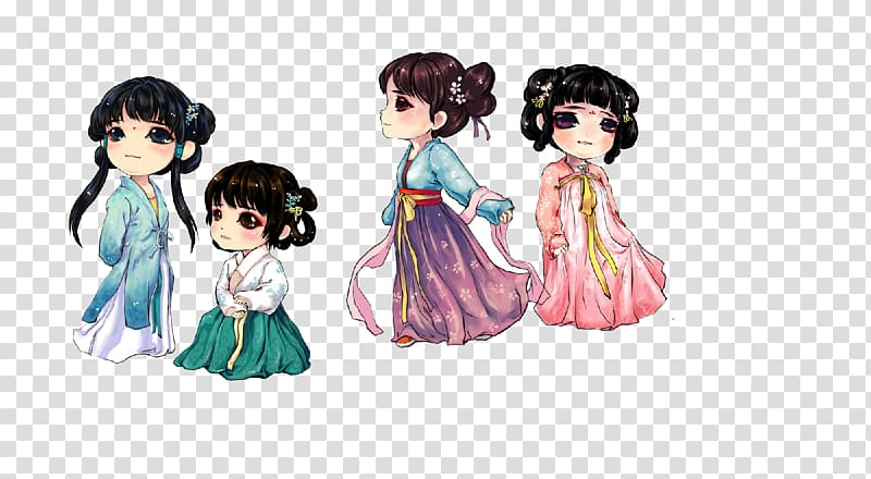 Hanfu movement Budaya Tionghoa Han Chinese Folk costume, Four different dress antiquity little beauty transparent background PNG clipart