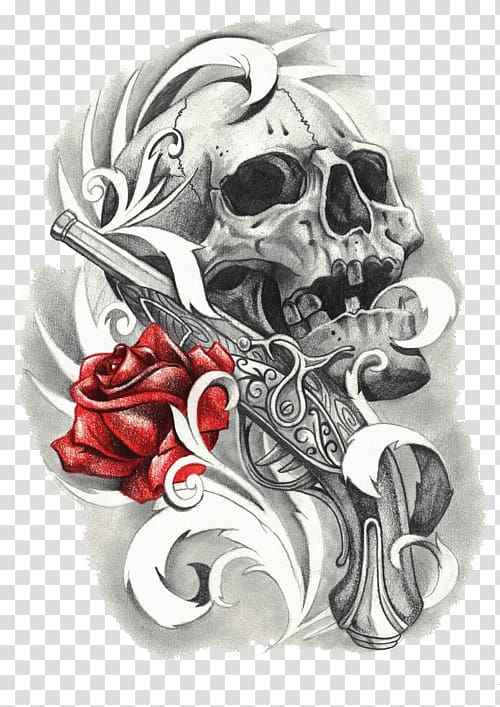 skull with flintlock tattoo, Rose and Skull Tattoo transparent background PNG clipart