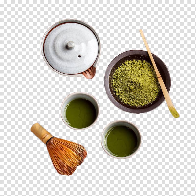 green powder on brown bowl, Green tea Matcha Cafe Japanese Cuisine, Japanese tea ceremony tea set transparent background PNG clipart