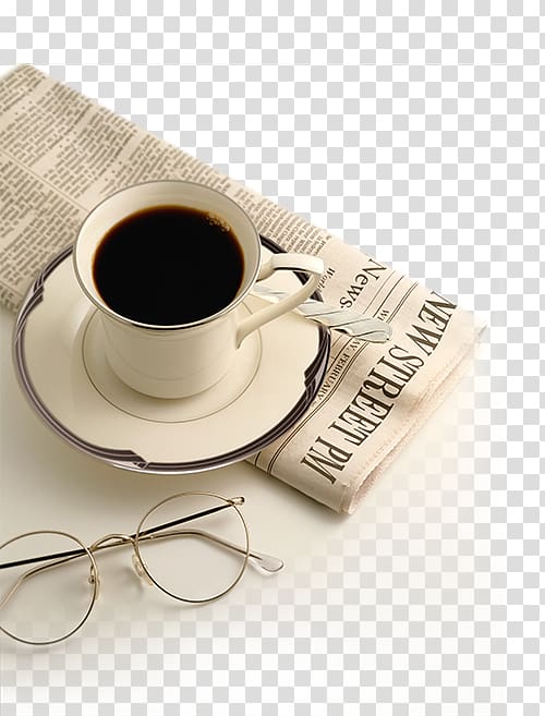 coffee inside white ceramic mug and saucer over newspaper beside eyeglasses, Coffeemaker French press Espresso machine Newspaper, Mug newspaper transparent background PNG clipart