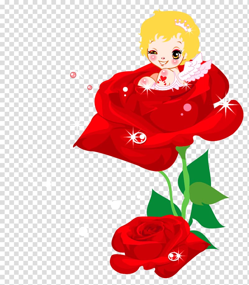 cherub illustration on red rose, Valentine\'s Day Cupid Heart , Valentines Cute Cupid and Rose transparent background PNG clipart