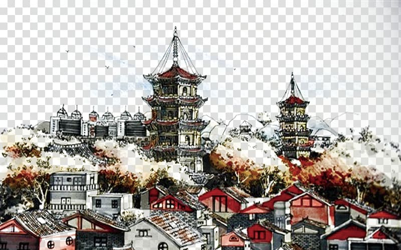 Town Poster, Hand-painted town transparent background PNG clipart