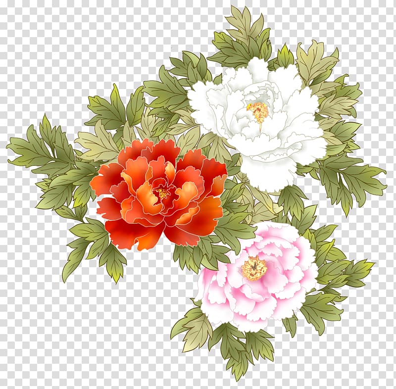 orange, pink, and white flowers illustration, Floral design Peony Flower, Blooming peony pattern transparent background PNG clipart