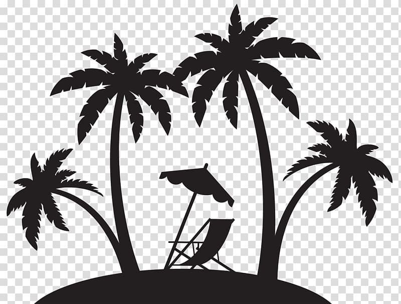silhouette of coconut trees and lounge chair, Shore Beach Silhouette , beach transparent background PNG clipart