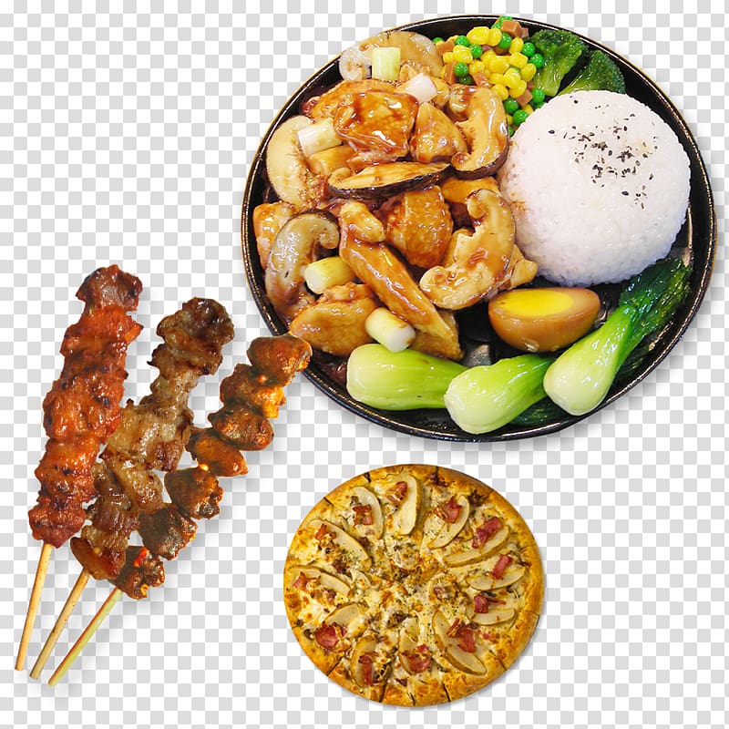 Teppanyaki Hainanese chicken rice Japanese curry Beefsteak, Covered with rice and pizza transparent background PNG clipart