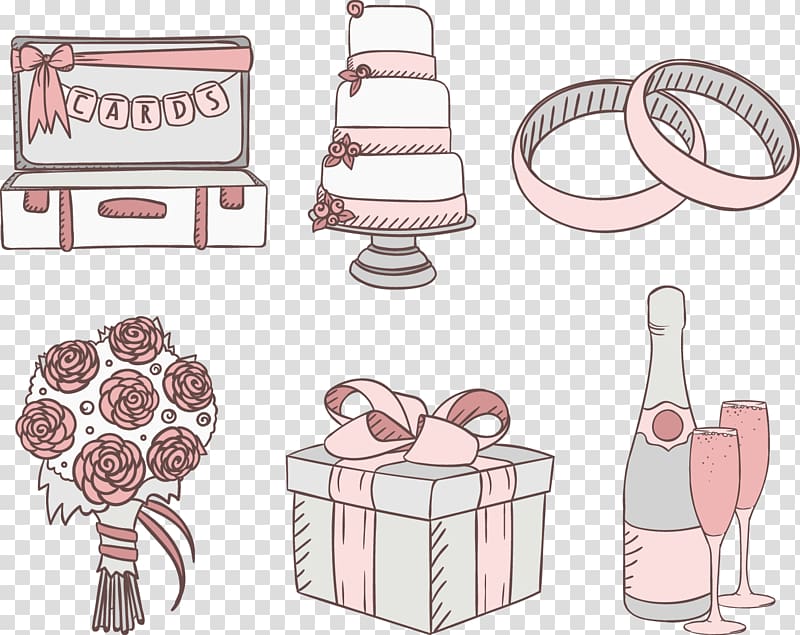 wedding cake, bouquet, ring, gift and wine bottle illustration, Wedding invitation Wedding cake Euclidean , Hand-painted pattern wedding transparent background PNG clipart