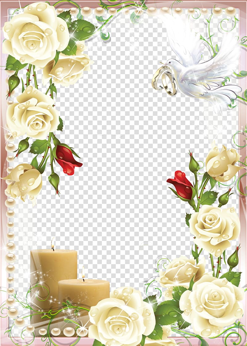 yellow flowers and white pigeon illustration, Wedding frame transparent background PNG clipart