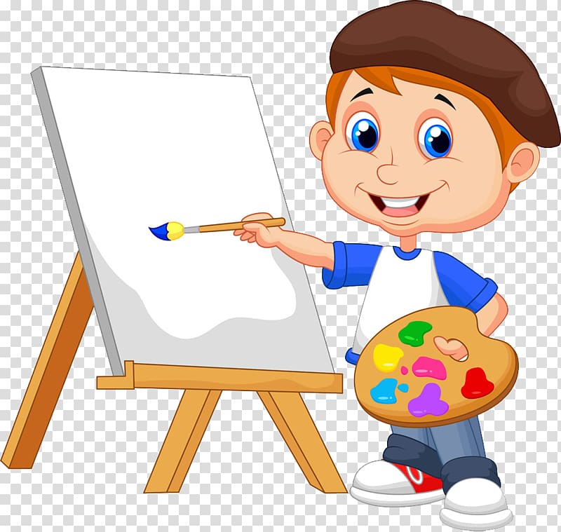boy standing beside easel holding paintbrush , Painting Cartoon Drawing, Painting children transparent background PNG clipart