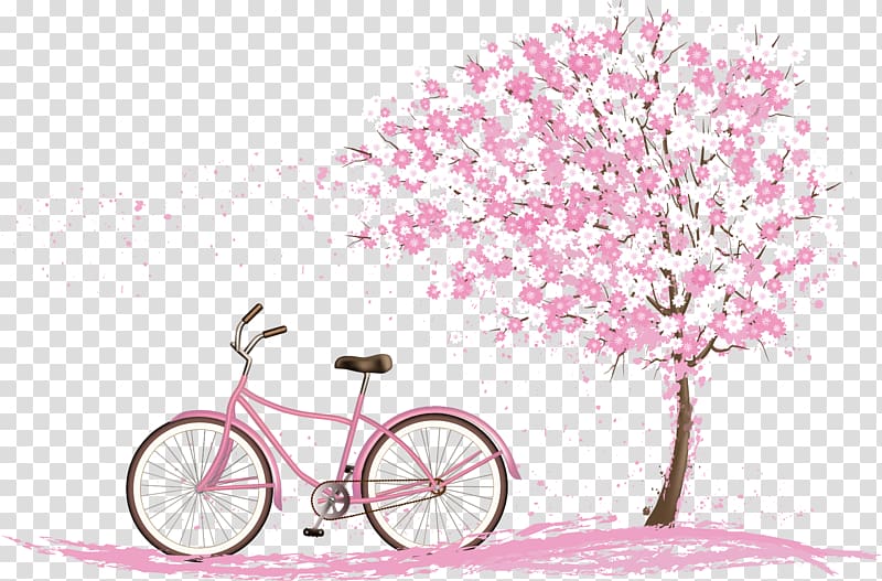 pink bike near tree illustration, Cherry blossom Spring, Romantic cherry decoration pattern transparent background PNG clipart