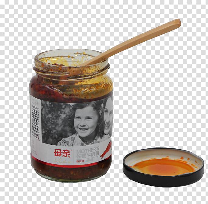 Chili oil Flavor Sauce Mother Daughter, Beef sauce and spoon transparent background PNG clipart