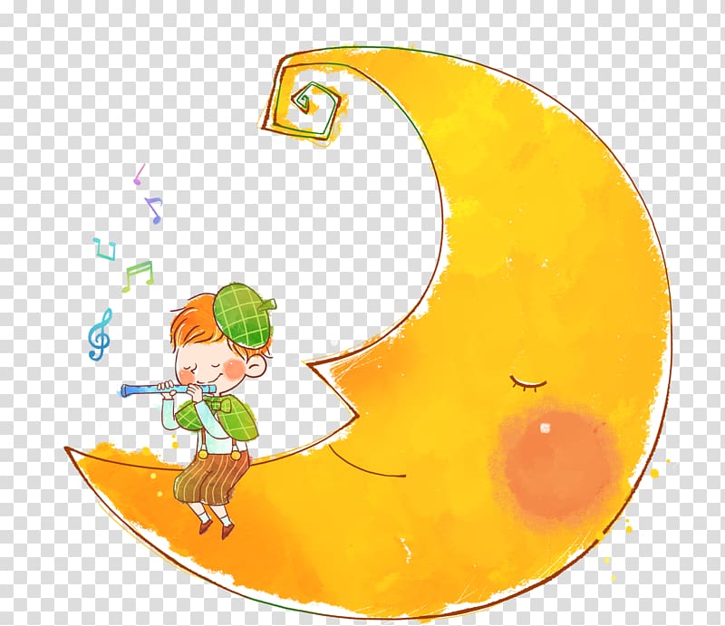 Cartoon Music, Beautiful exquisite cartoon cute little boy playing the flute in the moon transparent background PNG clipart