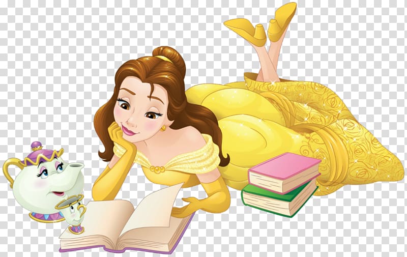 Princess Belle lying on floor reading book together with teapot, Belle Mrs. Potts Beast Minnie Mouse Cinderella, lion dance transparent background PNG clipart