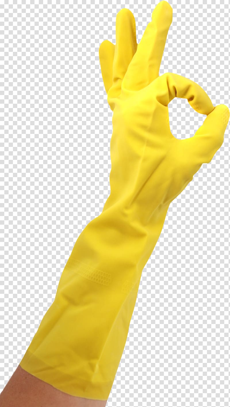 person's hand wearing yellow cleaning gloves making ok hand sign, Cleaning Rubber glove Medical glove , clean transparent background PNG clipart