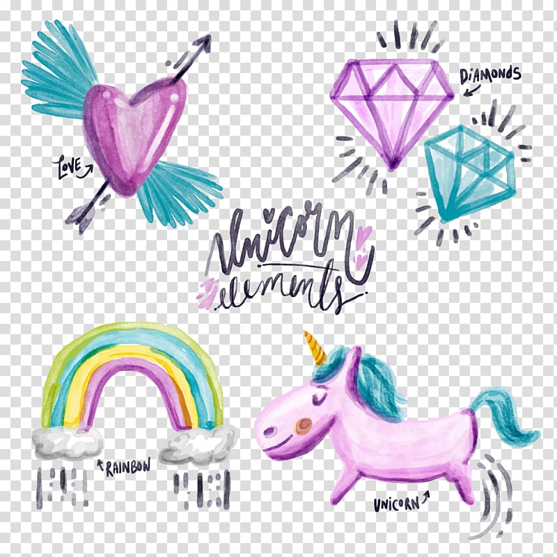 unicorn, rainbow, and hear illustration, Unicorn Watercolor painting , painted unicorn transparent background PNG clipart