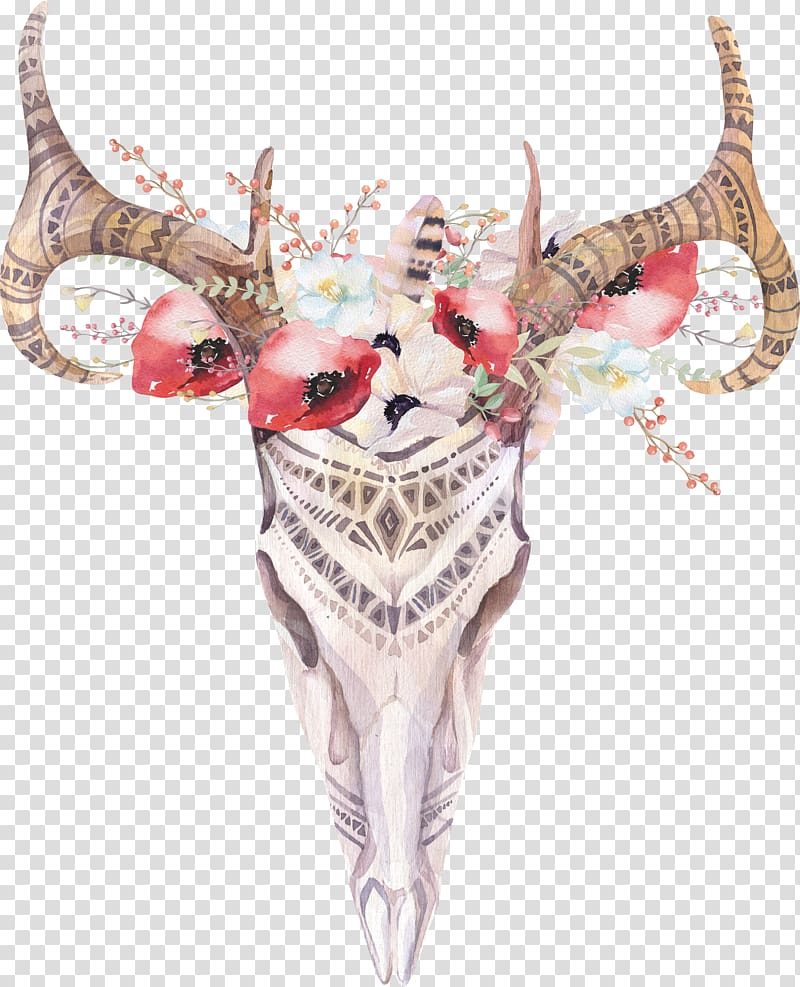 Bohemianism Watercolor painting Boho-chic Mural, antlers with flowers transparent background PNG clipart