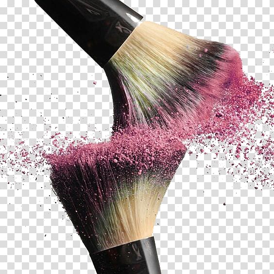 Cosmetics Makeup brush, Makeup brush blush pink splash collision, brown and black makeup brush with pink makeup transparent background PNG clipart