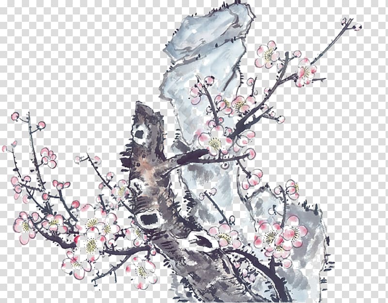 Four Gentlemen Gongbi Ink wash painting Bamboo Plum blossom, Ink Plum transparent background PNG clipart