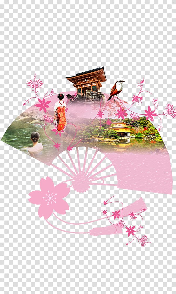 hand fan and pagoda illustration, Tourism uff08u682auff09u65e5u672cu65c5u884c u540du53e4u5c4bu6804u652fu5e97 Wakuike Poster Package tour, Japan Travel elements transparent background PNG clipart