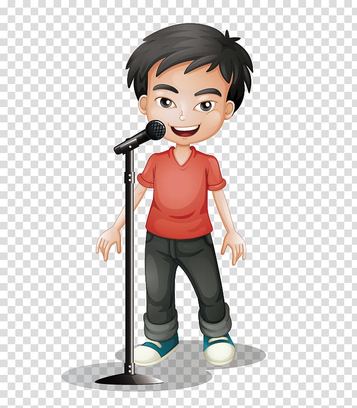 boy standing in front of microphone , , Cartoon hand-painted little boy singing transparent background PNG clipart