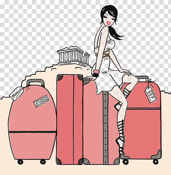 woman carrying luggage illustration, Travel Suitcase Road trip Drawing Illustration, travel transparent background PNG clipart