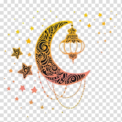orange and black tribal print stars and crescent moon illustration, Moon, Moon lantern transparent background PNG clipart
