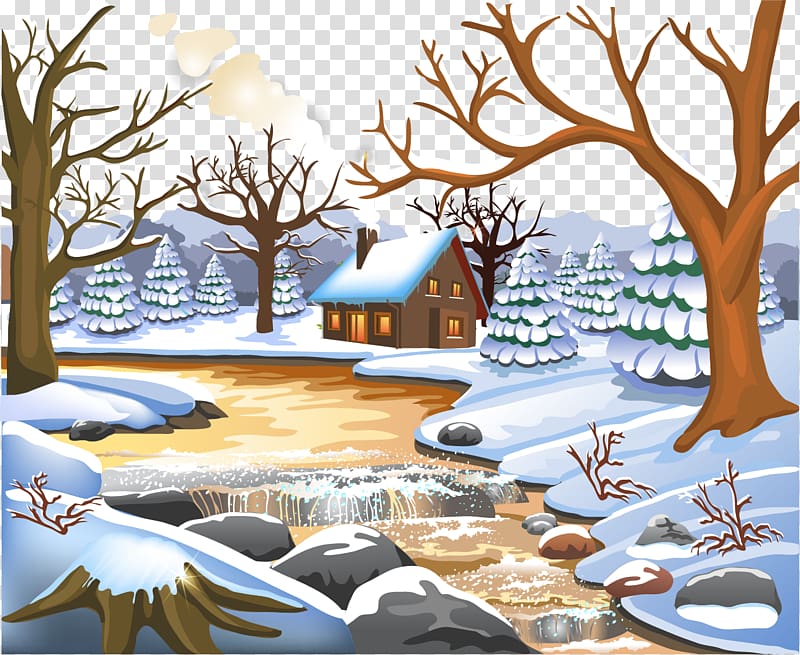 Winter Landscape painting , Hand-painted winter forest snow transparent background PNG clipart