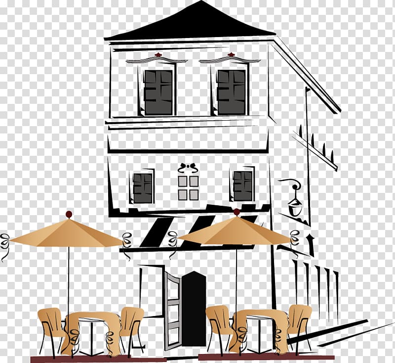 black and yellow house illustration, Coffee Cafe Restaurant Illustration, City Cafe transparent background PNG clipart