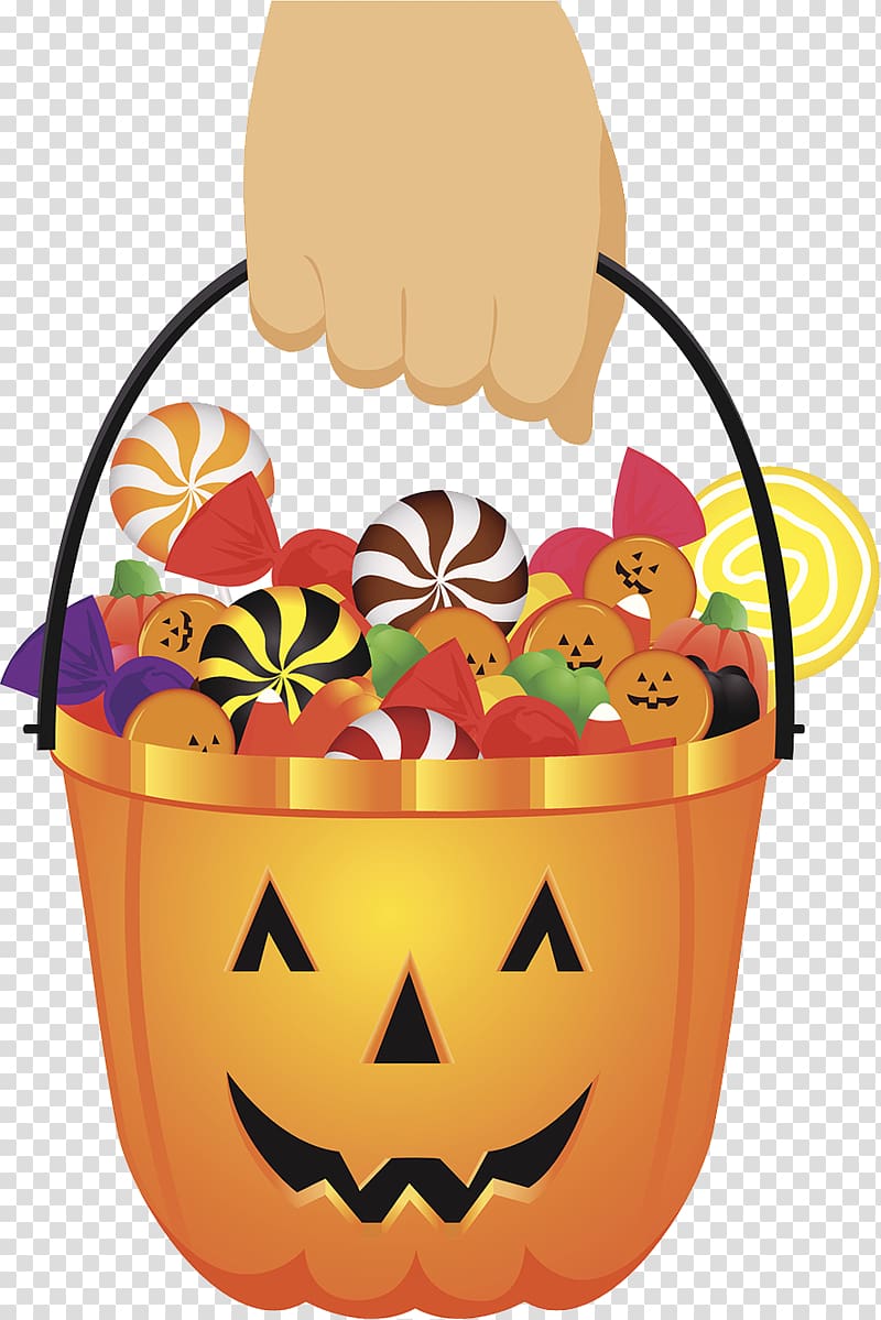 person holding Jack-o'-Lantern bucket full of candies illustration, Halloween Candy Party transparent background PNG clipart