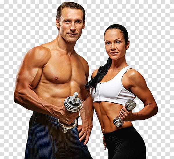 Man and woman holding dumbbells, Fitness centre Physical fitness Exercise  equipment, Gym transparent background PNG clipart