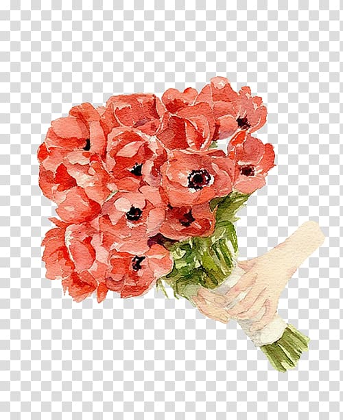 red anemone flowers bouquet illustration, Nosegay Flower Pink Blue Illustration, Orange Poppy transparent background PNG clipart
