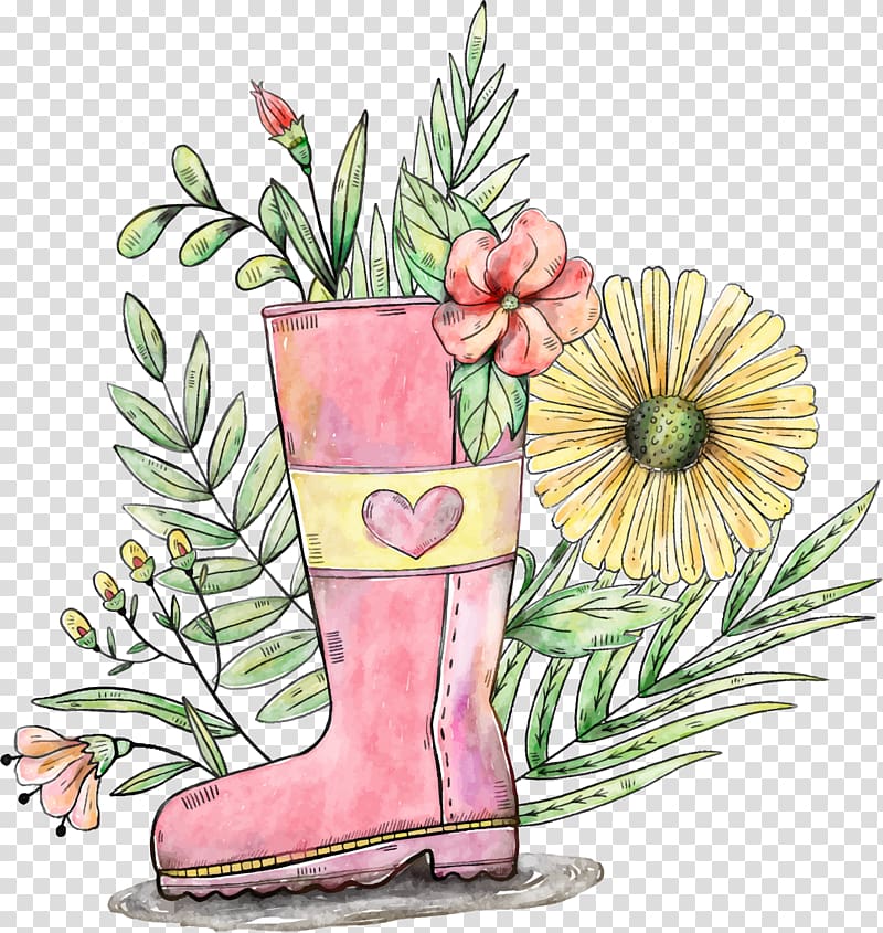 pink rain boot illustration, Gardening Flower Watercolor painting, Hand painted pink boots transparent background PNG clipart
