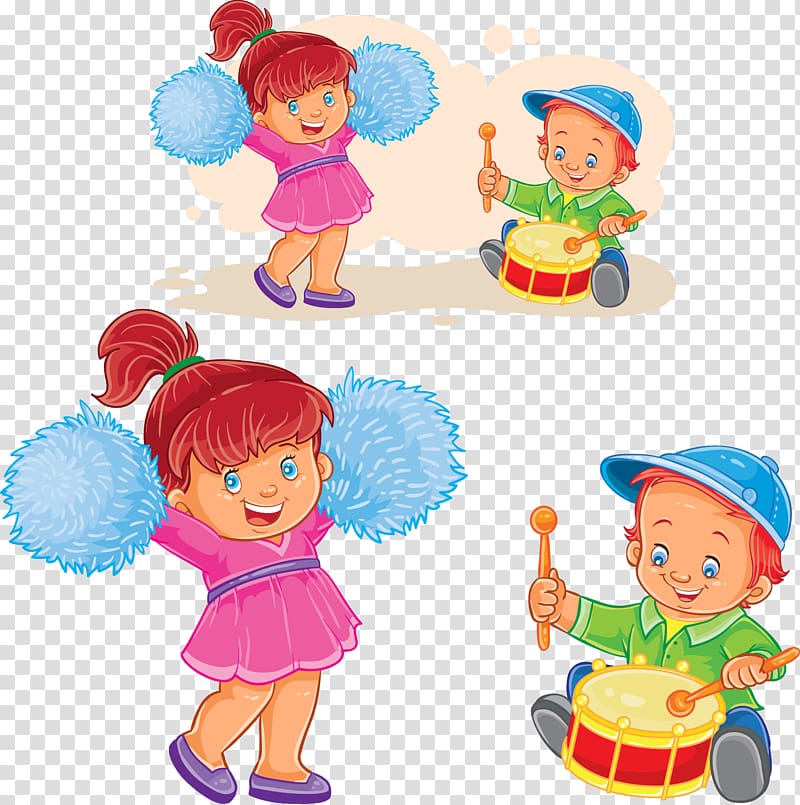 animated girl and boy illustration, Child Play , Dancing and drumming kids transparent background PNG clipart
