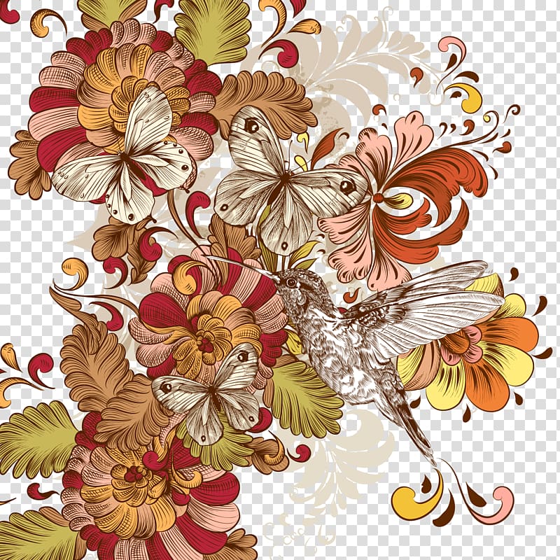 brown bird and three butterflies illustration, Flower Floral design Vintage clothing , Painted floral background hummingbird transparent background PNG clipart